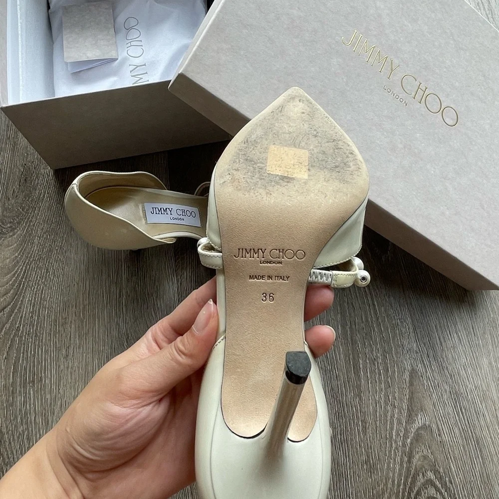 Jimmy Choo | Latte Patent Leather Pointed Pumps with Pearl - Picture 3 of 5